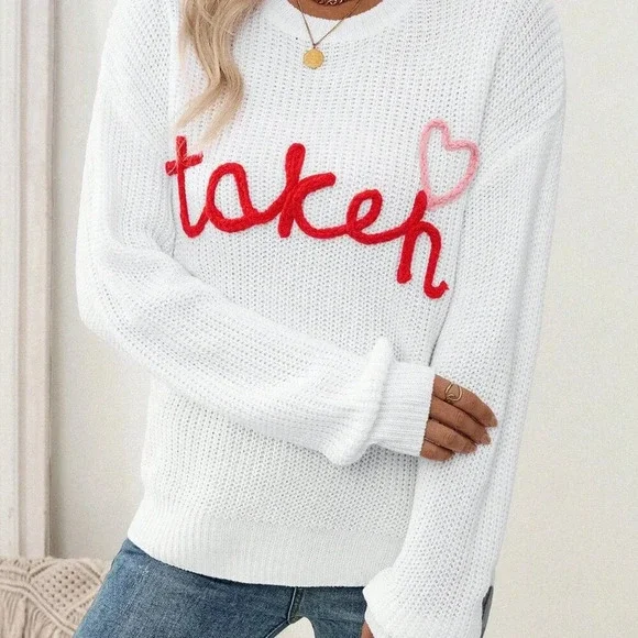 White Casual Women's Style Round Neck Embroidered Little Heart Knitted Sweater - Picture 3 of 6